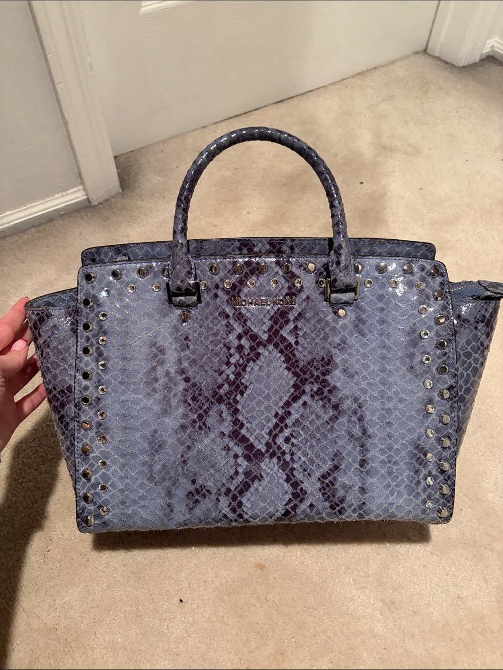 Michael Kors Python-Embossed Studded Satchel in Blue
